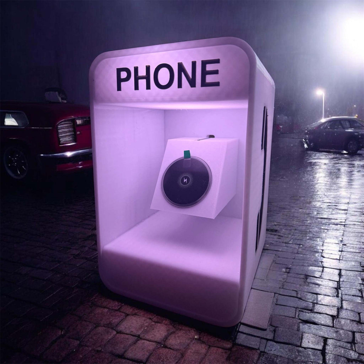 Payphone Booth Wireless Charger in pink with retro phone booth design and circular black wireless charging pad with RGB lighting.
