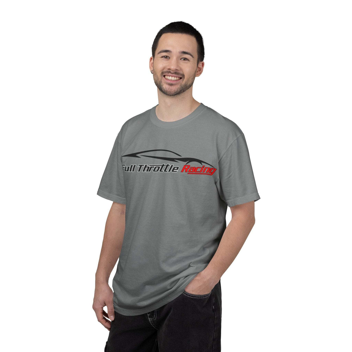 Full Throttle Racing League T-Shirt in grey ring-spun cotton with black and red racing graphic, relaxed fit and short sleeves.