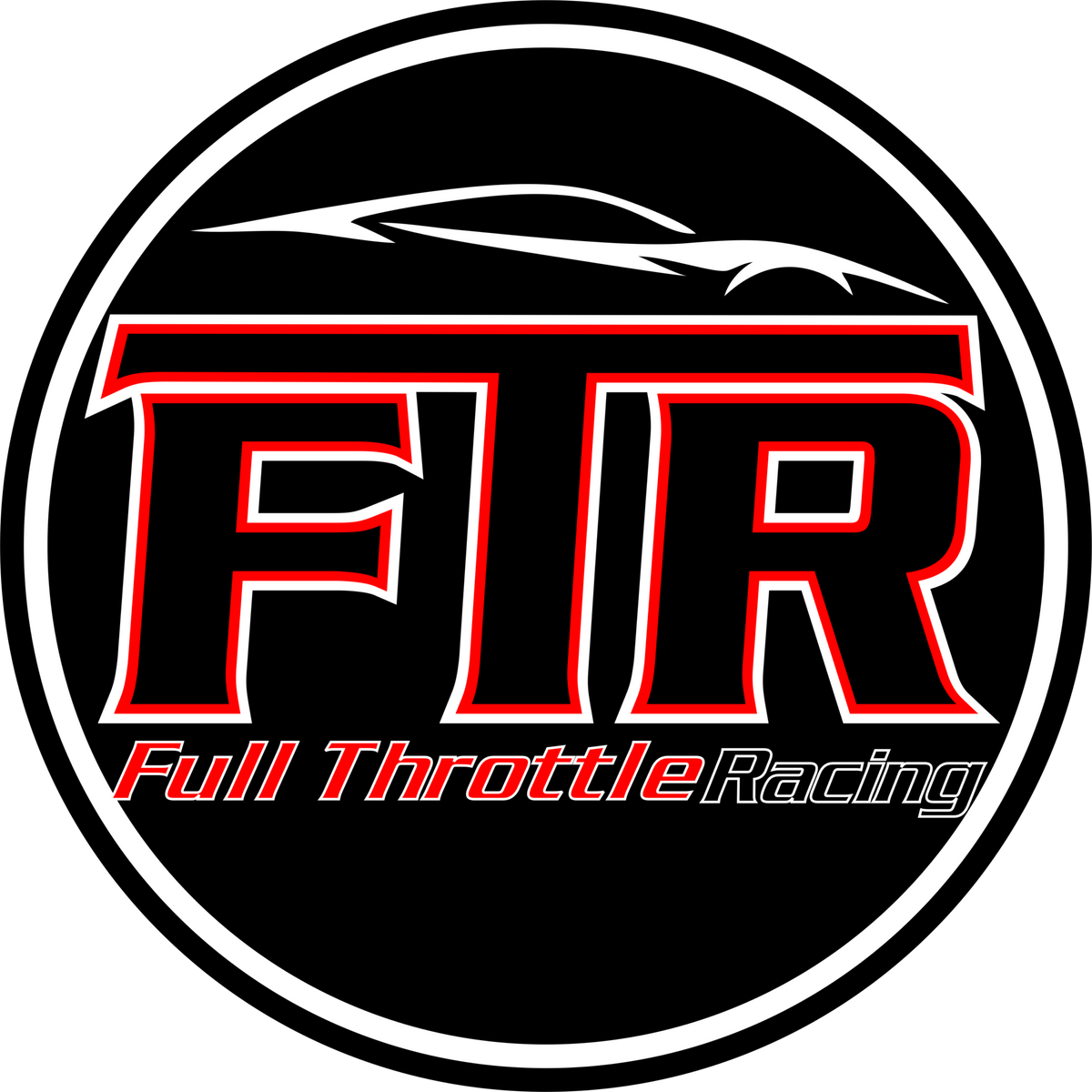 Round black Full throttle Racing Decor sign with large red and white FTR letters and a sleek white car outline above them.
