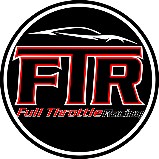 Round black Full throttle Racing Decor sign with large red and white FTR letters and a sleek white car outline above them.