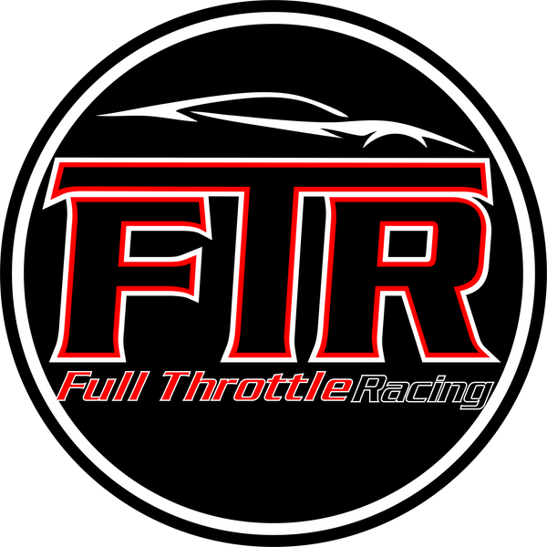 Round black Full throttle Racing Decor sign with large red and white FTR letters and a sleek white car outline above them.