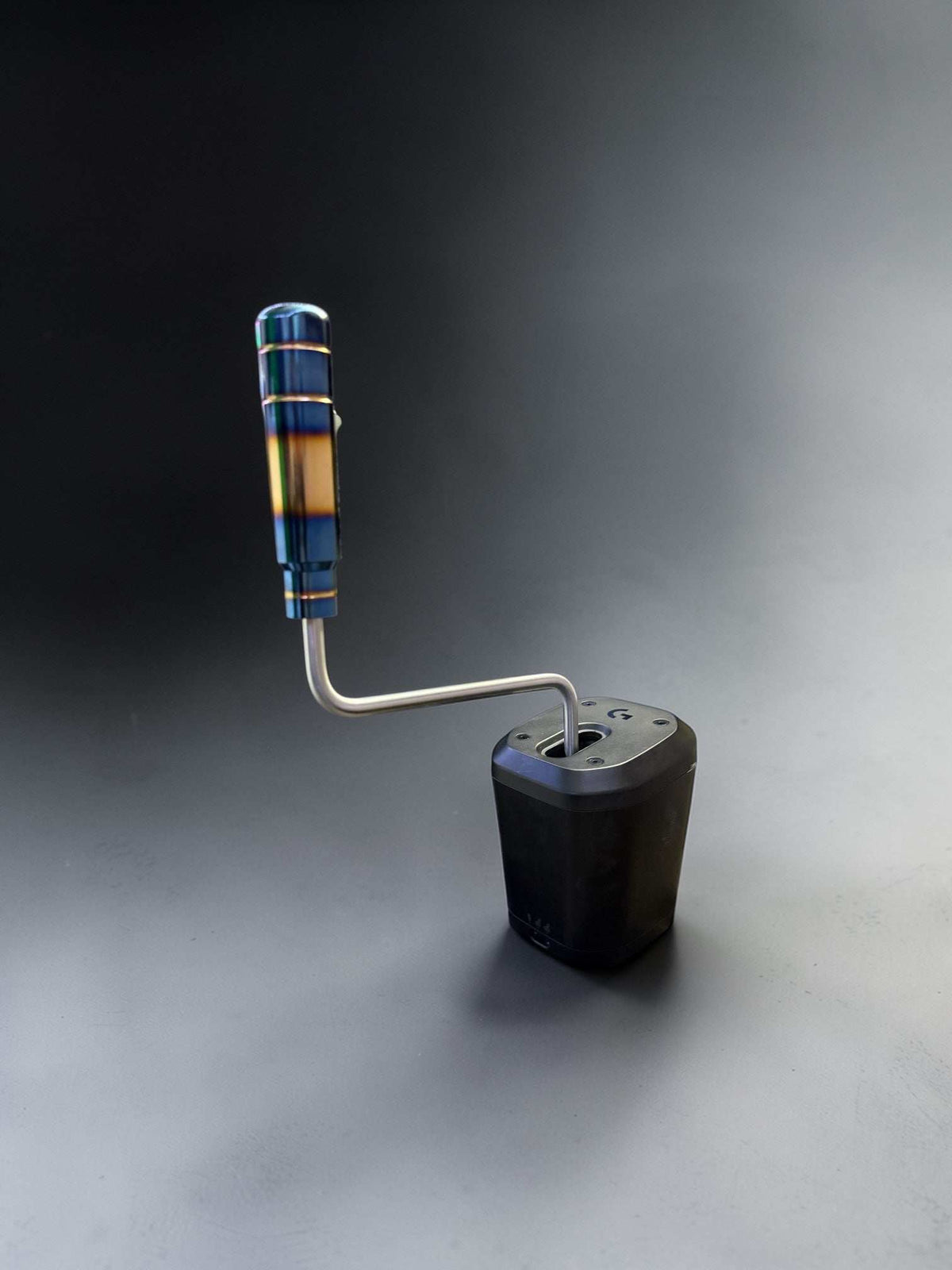 Logitech RS Sequestial Handbrake with curved stainless steel shaft and blue patterned cylindrical handle on black base unit
