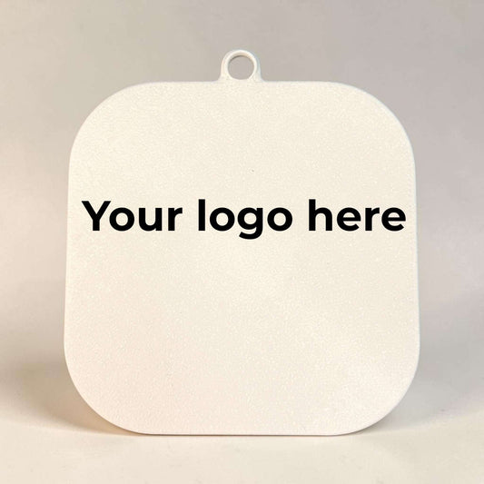 Square white plastic NFC Key Chains with rounded corners and a small circular loop, customizable with logos or text.