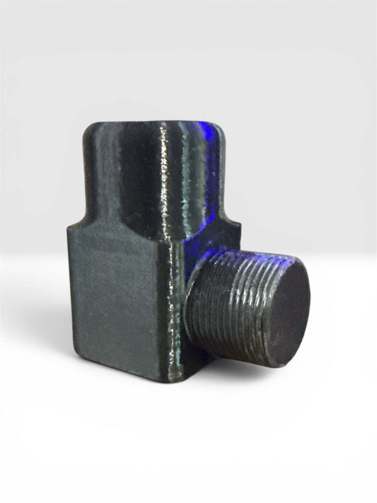 Mic Adapter made of black metal with a 90-degree angled threaded connector for boom mount microphone positioning.
