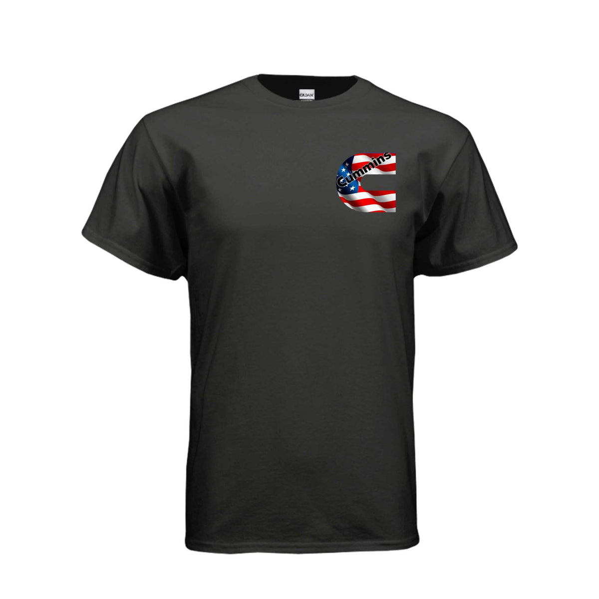 Black cotton-poly blend t-shirt with small American Cummins Flag design on the left chest, short sleeves and crew neck