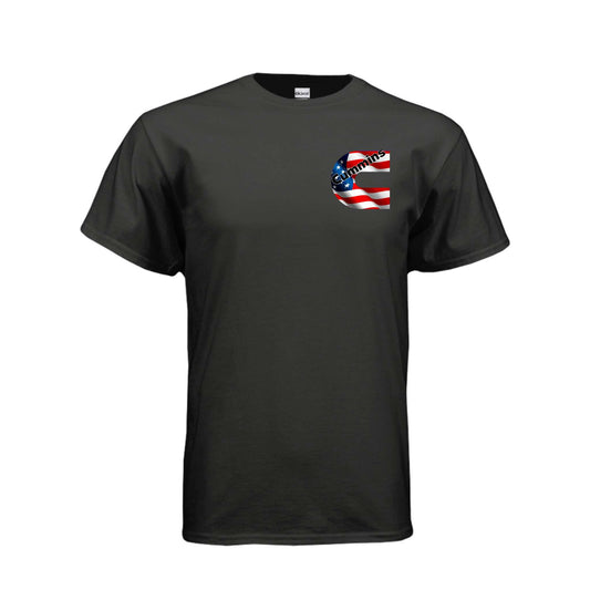 Black cotton-poly blend t-shirt with small American Cummins Flag design on the left chest, short sleeves and crew neck