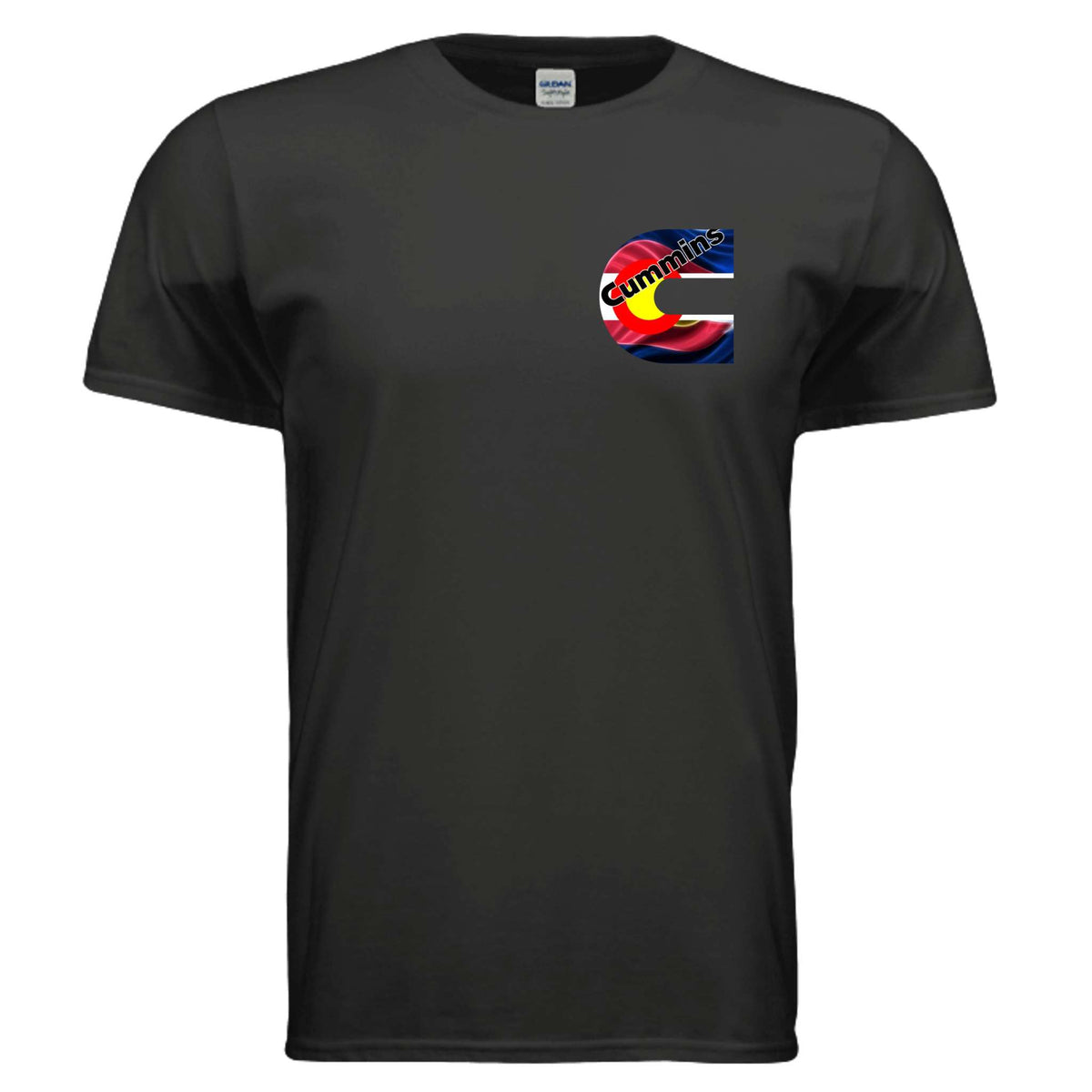 Black cotton t-shirt with a small Colorado Cummins Flag graphic on the left chest, crew neck and short sleeves.
