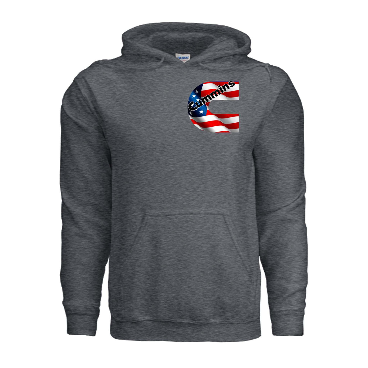 American Cummins Hoodie in dark grey with an American flag styled Cummins logo on the chest, made from cotton-poly blend.