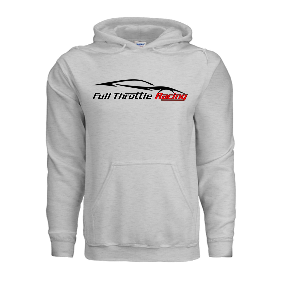 Light grey cotton blend FTR Hoodie with black and red Full Throttle Racing logo, front kangaroo pocket, and hood.
