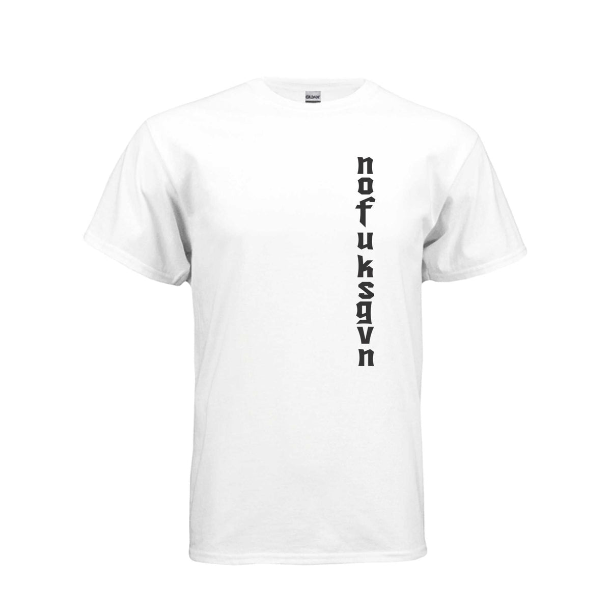 White cotton blend T-shirt with vertical black "Nofuksgvn" text on front, featuring seamless collar and double-needle stitching.
