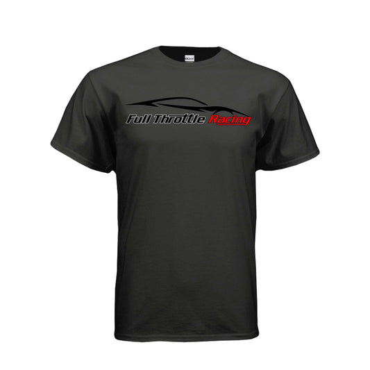 FTR charcoal grey cotton blend t-shirt with black and red "Full Throttle Racing" logo and car silhouette design on front