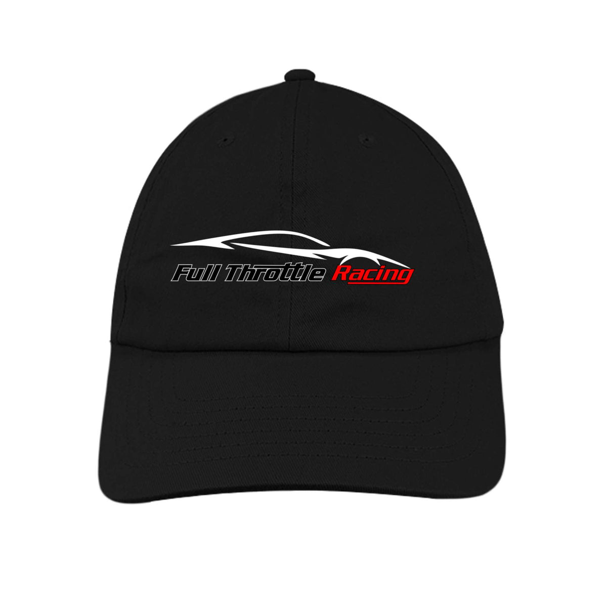 Black six-panel cotton twill FTR Hat with pre-curved visor and white and red Full Throttle Racing logo embroidered front center