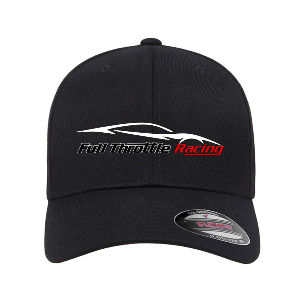 Fitted FTR Hat in black with Full Throttle Racing logo, structured mid-profile design, silver underbill, and eight-row stitched bill.