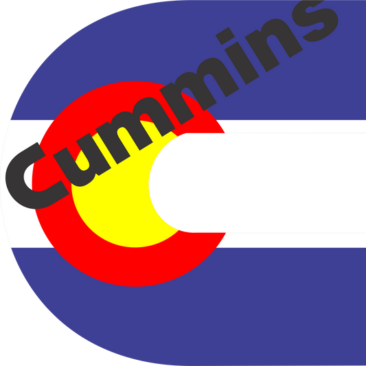 Colorado Cummins Flag decal featuring the Colorado state colors and red, yellow, white with bold black Cummins text across it.